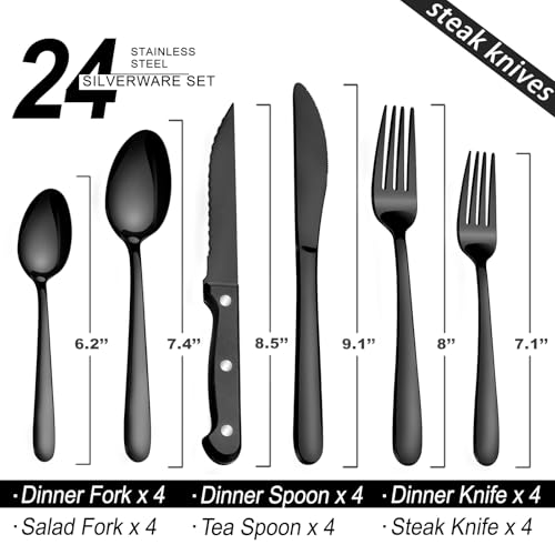 Pleafind 24Pcs Black Silverware Sets for 4 - Dishwasher Safe, Flatware Set with Steak Knives, Stainless Steel Cutlery Set, Include Forks Spoons and Knives Set, Utensil Sets for Home Restaurant - color: Black, size: 24P