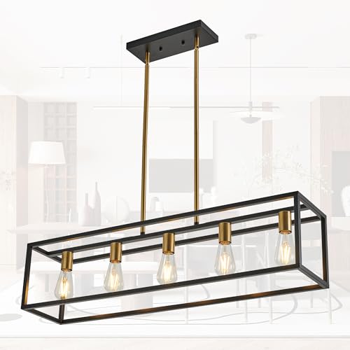 Kitchen Light Fixtures Farmhouse Rectangle Chandeliers Dining Room Light for Dining Rooms, Light Fixture Matte 5-Light Industrial Pendant Lighting - color: Black&Brass, size: 5 Lights