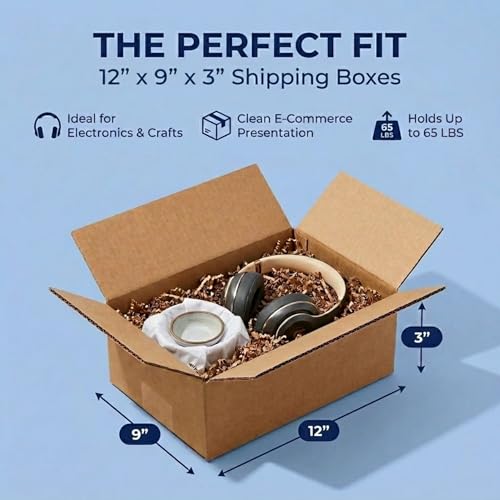 BOX USA 1293 Flat Corrugated Cardboard Box 12" L x 9" W x 3" H, Kraft, For Shipping, Packing and Moving (Pack of 25) - size: 12x9x3" (25-Pack)