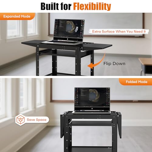 All-Steel Rolling AV Cart with Adjustable Height & Built-in Power – Heavy-Duty Media Workstation with Drop-Leaf Shelves & Wheels for Projectors, Laptops, Printers – Classroom, Office & Studio, Black - style: AV Cart with Drop Leaves(M-AV-JM)