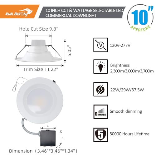 10 Inch Recessed LED Commercial Downlight with J-Box, Wattage Adjustable 22/29/37.5W,3 Color Selectable 3000K-5000K, 120-277V,10%-100% Dimmable, Canless LED Downlight,ETL Listed -24PK - color: 24PK, size: 10 inch