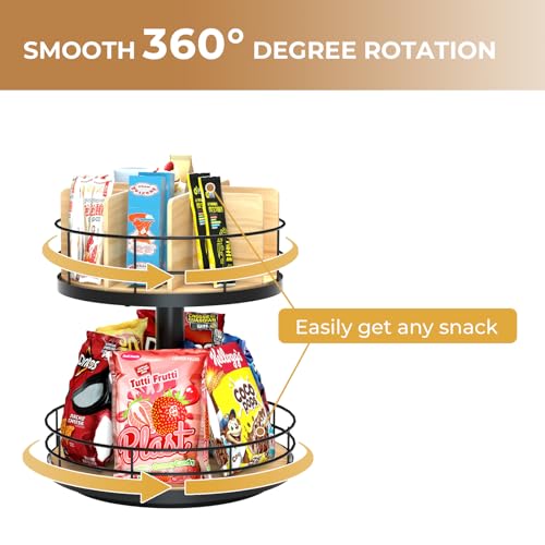 Snack Organizer - Versatile Snack Storage 2 Tier Lazy Susan with Convenient Grab-and-Go Design, Wood and Metal Snack Holder for Home, Office, Breakroom, 12.13" L x 12.13" W x 12.56" H - color: 2 Tier 12 Inch Beech Wood