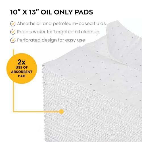 Spill Ready Oil Only Absorbent Pads 10" x 13" (100 Pack) - Standard Weight Absorbs Up to 16 oz per pad - 2mm Oil Absorbent Pads - Hydrophobic Oil Spill Mat for Fuel Spills - White Sorbent Pads - color: 10" x 13" -100 Pads - Standard, size: 1
