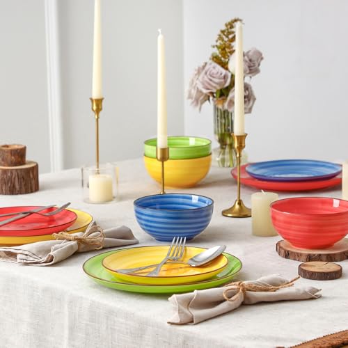 Selamica Ceramic Plates and Bowls Sets,18 Pieces Dinnerware Sets for 6,Dishwasher & Microwave Safe dish set,Family & Holiday Dining, Dopamine - color: Dopamine, size: Service for 6 (18 Pcs)