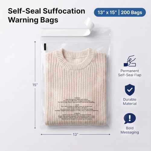 13” X 15” (200 Count) Self Seal Clear Poly Bags with Suffocation Warning - size: 13" x 15"