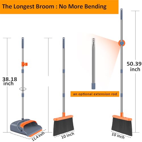 Upgrade Broom and Dustpan Set, Self-Cleaning with Dustpan Teeth, Indoor&Outdoor Sweeping, Ideal for Dog Cat Pets Home Use, Stand Up Broom and Dustpan (Gray&Orange) - color: Gray&orange