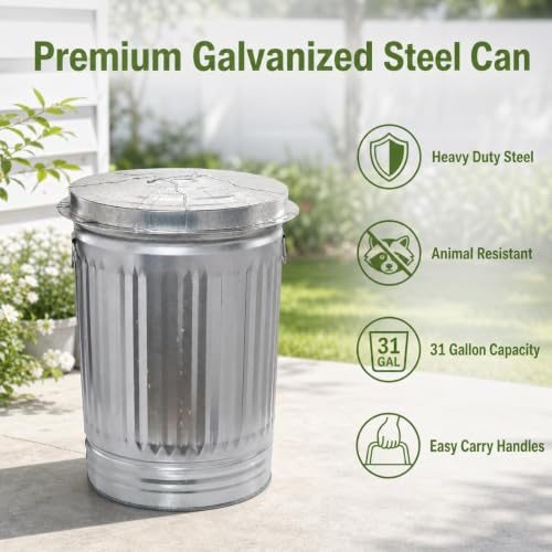 31 Gallon Galvanized Steel Heavy Duty Garbage Can with Lid for Outdoor Use