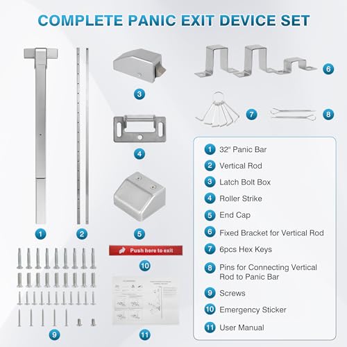 IRONWALLS Heavy Duty Panic Bars for Exit Doors, 41" Commercial Push Bar Panic Exit Device with Door Lever & 32" Panic Bar with Vertical Rod, Stainless Steel Panic Door Hardware for Double Doors