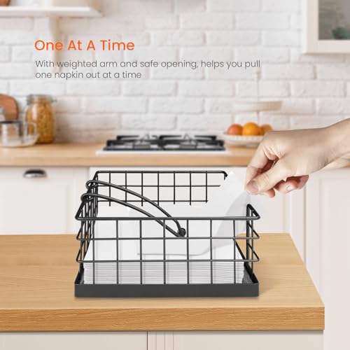 Homode Farmhouse Napkin Holder, Wooden Napkin Holders for Paper Napkins, Square Kitchen Napkin Dispenser for Tables, Flat Napkin Basket with Weighted Arm, Rustic Gray - color: Rustic Grey