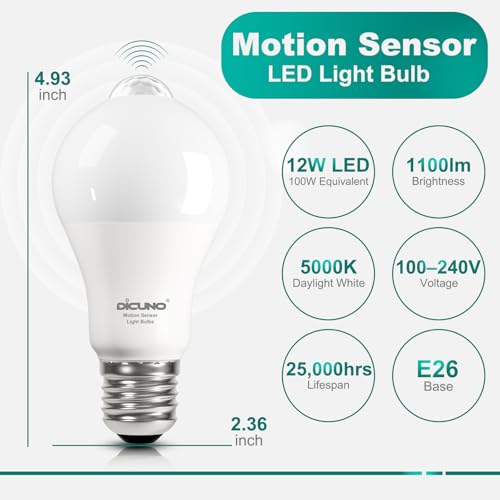 DiCUNO PIR Motion Sensor Light Bulbs, 12W, Daylight White 5000K, 2-Pack - color: Daylight White 5000k