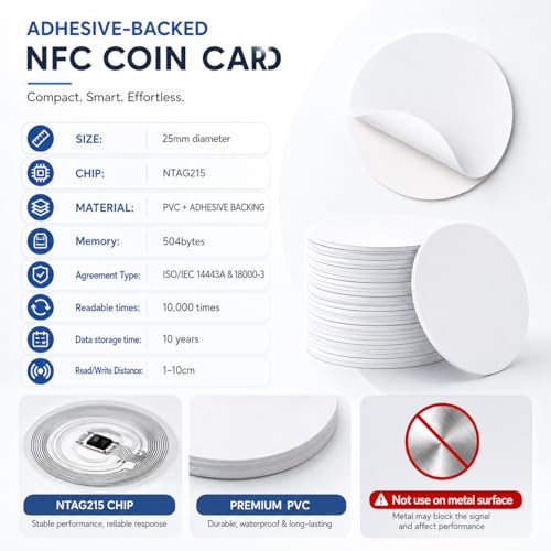50PCS Coin Cards NFC Tags, Blank NTAG215 NFC Cards Rewitable NFC Chip 25mm/1inch Round 215 Cards with Adhesive Back Compatible with TagMo and Amiibo and NFC Enabled Mobile Phones and Devices - color: White-50pcs, size: With adhesive backing