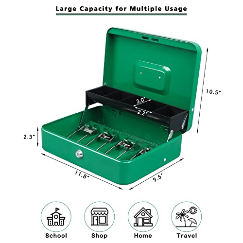 xydled Cash Box with Key Lock, Metal Money Box, Safe Storage box, Green - color: Green Key Lock
