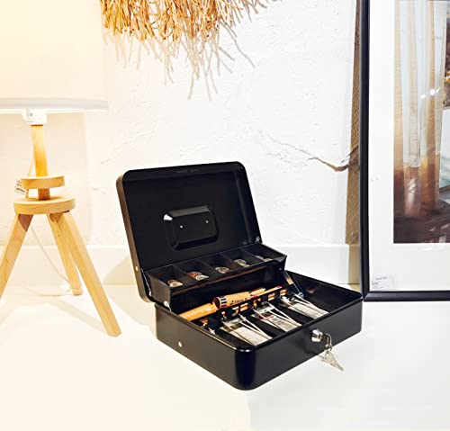 Cash Box with Lock Key and Money Tray, Large Money Box for Cash Register - color: Black