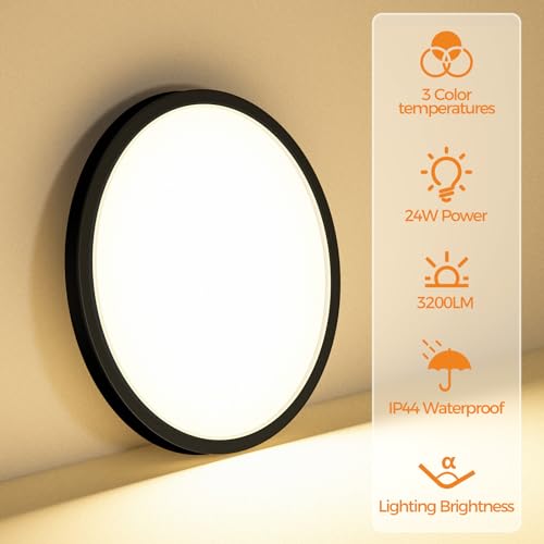 2PACK LED Flush Mount Ceiling Light Fixture, 3000K-4000K-6500K & 150W Equivalent Modern Kitchen Recessed Ceiling Lamp 24W 3200Lm 12Inch Closet Round Surface for Bathroom Laundry Bedroom Hallway, Black - color: Black, size: 12Inch-2Pack