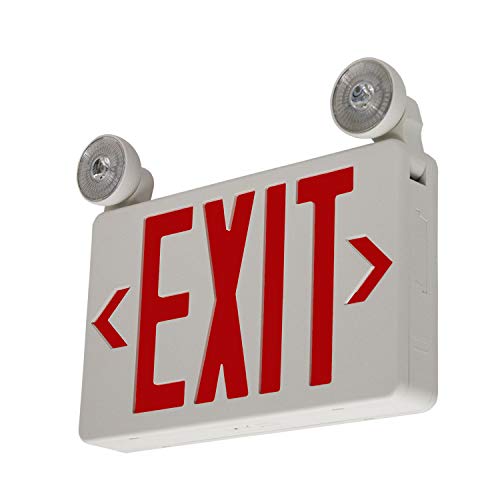 LFI Lights | Compact Combo Red Exit Sign with Emergency Lights | White Housing | All LED | Two Adjustable Round Heads | Hardwired with Battery Backup | UL Listed | (2 Pack) | COMBOC-R - color: Red Lettering, size: 2 Pack