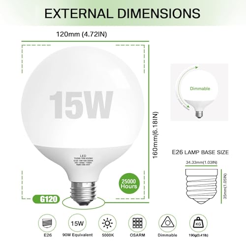 Led Light Bulb, G120 Globe Light Bulbs, 15W Light Bulbs 5000k Daylight Dimmable Bulb, E26 Base Large Lamp,1100 Lumen, for Decoration Lighting Led Bulbs(15W 5000K Dimmable Light) - color: 15w5000k(dimmable Daylight)