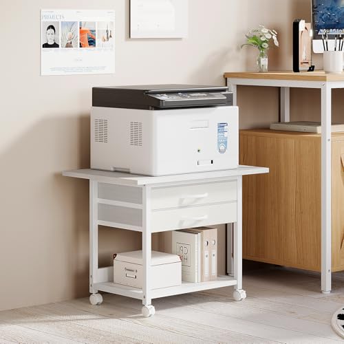 VENNQD Large Printer Stand with Storage Fabric Drawer Under Desk Printer Table with Wheels for Home Office, Printer Cart fit Fax Machine Scanner 23.4"x15.7" (White, 2 Tiers) - color: White, size: 2 Tiers