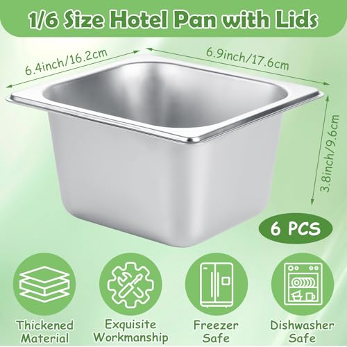 6 Set Stainless Steel Hotel Pans 1/6 Size 4 Inch Deep with Lids Steam Table Pans with Lids 4 Inch Deep 1/6 Size Stainless Steel Restaurant Pan Metal Food Pan with Lid for Hotel, Buffet, Home - size: 1/6 Size 4 Inch Deep