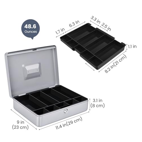 Flexzion Small Cash Box with Money Tray and Lock, 11.4-Inch, Silver - color: Silver