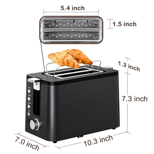 Mecity Toaster 2 Slice Stainless Steel Body, Timer, Bagel, Defrost, Reheat, Cancel Functions, Warming Rack, Removable Tray, 6 Browning Settings, Extra Wide Slots, Bread Toaster, 120V 800W Black - size: 2 Slots