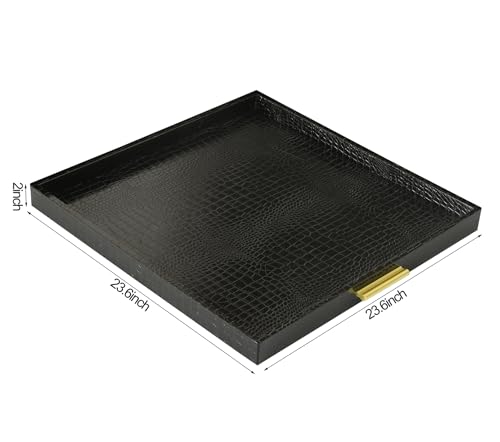 HofferRuffer Extra Large Square Serving Tray, Elegant Faux Leather Ottoman Tray with Gold Hardware Handles, Serve Tea, Coffee or Breakfast in Bed, 24 x 24 inches (Black Croco) - color: Black Croco, size: 24" x 24" x 2"