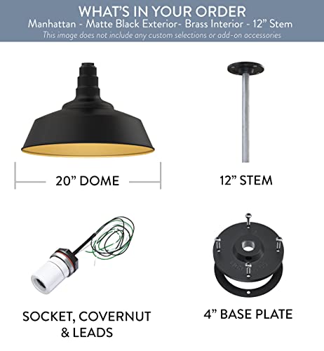 Industrial Pendant Light 20 Inch Extra Large Steel | Matte Black/Brass - color: Matte Black With Brass Interior, size: 12" Stem