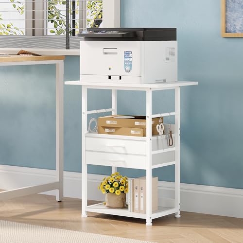 VENNQD Large Printer Stand with Storage Fabric Drawer Under Desk Printer Table with Wheels for Home Office, Printer Cart fit Fax Machine Scanner (White, 3 Tiers) - color: White, size: 3 Tiers
