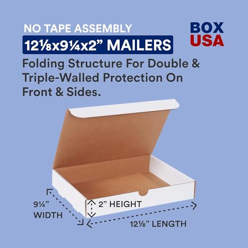 BOX USA Shipping Boxes 12.125" x 9.25" x 2" (50-Pack) Small Foldable Corrugated Cardboard Packaging Boxes - Shipping, Packing, Moving, Literature, and Storage Box for Home or Office - White, 50 Pack - size: 12 1/8 x 9 1/4 x 2 Cost Saver