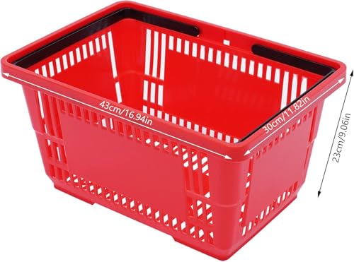 12PCS Shopping Basket Blue Portable 17''×12''×9'' Plastic Shopping Basket Set with Handles Handheld Basket Cart for Supermarket Grocery Retail Store Supplies (Red) - color: Red