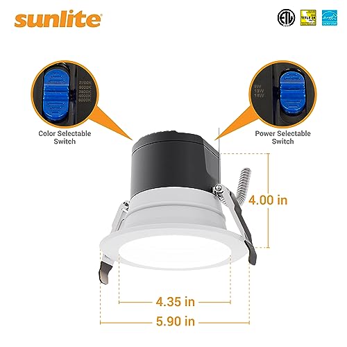 Sunlite 4" LED Commercial Recessed Round Downlight Fixture, Power Selectable 9W/13W/18W, 2000 Lmns, CCT Switch 27K/30K/35K/40K/50K, 90 CRI, Dimmable, Energy Star, Title-24 Compliant, ETL Listed - size: 4-Inch
