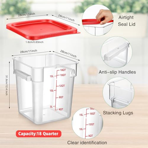 Suclain 2 Pcs Square Food Storage Container Polycarbonate Clear Food Container with Lid Commercial Rice Storage with Graduations for Commercial Kitchen(18 Qt,Red) - color: Red, size: 18 Qt