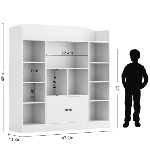 DIYART White Kids Bookshelf, Kids Bookcase with 11 Cubbies and 2 Cabinets, Freestanding Book Storage Shelves for Bedroom, Playroom, Hallway, 47.2" W x 48" H - color: White, size: 47"W x 48"H