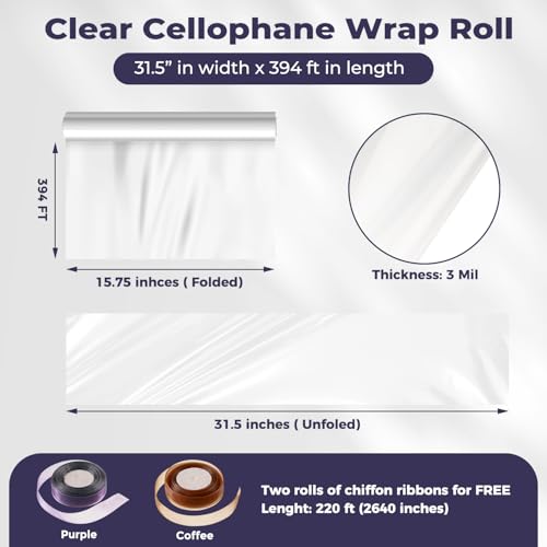 GcFoir Clear Cellophane Wrap Roll 31.5" Wide x 394 Ft Long, 3 Mil ThickPlastic Transparent Cello Wrapping Paper for Gift Baskets, Flower Bouquets, Large Cellophane Sheets for Arts & Crafts Food Safe - color: Clear, size: 31.5" x 394 ft