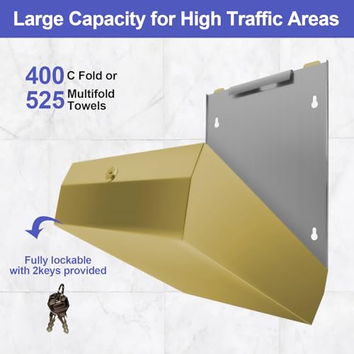 Stardrix Paper Towel Dispenser Wall Mount, Brushed Gold Stainless Steel Commercial Paper Towel Holder with Lock, Large Capacity 400 C Fold/525 Multifold Towels (Pack of 2) - color: Gold, size: 400 C Fold/525 Multi-Fold with Lock (Pack of 2)