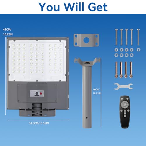 7500W Solar Street Lights Outdoor, 450000LM 7000K Solar Parking Lot Lights Dusk to Dawn 30000mAh IP67 Waterproof Pole Security Flood Lamps with Motion Sensor and Remote for Yard, Garage, Driveway - size: 136A-S