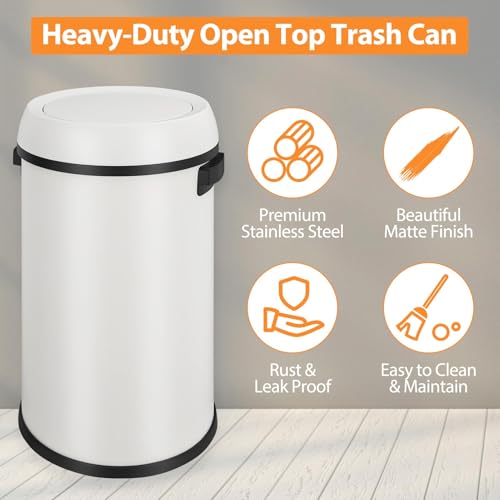 17 Gallon Fingerprint-Proof Stainless Steel Trash Can, Heavy Duty Commercial Round Garbage Bin with Swing Lid for Restaurant, Home, Office, White - color: White