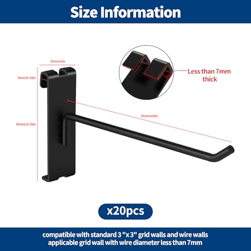 20Pcs Gridwall Hooks, Metal Grid Panel Hanging Peg Hooks, Grid Wall Accessory for Clothes Storage, Home Organization, Retail Display (Black, 6"/15Cm) - color: Black, size: 6"/15Cm
