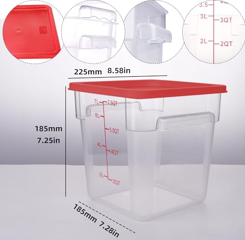 2 Pack RED Square Food Storage Container With Lid,Commercial Storage Box With Scale & Handle,Cake Making,Dough Marinating Meat,Kitchen Supplies (8 Quart) - size: 7.5 Quart-RED LID & MEASURING LINE