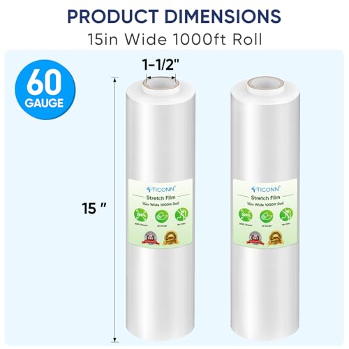 TICONN Stretch Wrap Roll, 15 in x 1000 ft Plastic Wrap for Moving Furniture - style: 15''-2PK Clear (No handle)