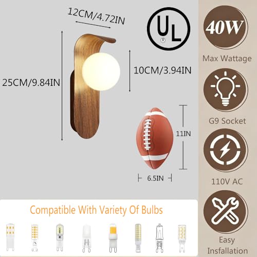 Mid Century Wall Sconce Walnut Texture Glass Globe Wall Lighting Wood Industrial Farmhouse Wall Light Bedside Indoor Retro Industrial Wall Mounted Lamp for Living Room Bedroom Bathroom - color: Brown