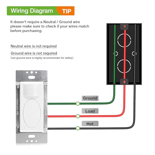 PIR Motion Sensor Light Switch,Occupancy Sensor Switch | 5Amp | Sigle-Pole | No Neutral Required, Operable Without Ground Wire,PC Fireproof,UL Listed - size: No Neutral & No Ground Wire, 5A