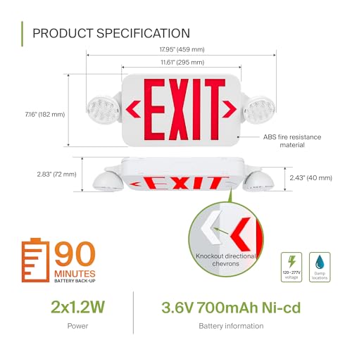 ASD LED Emergency Exit Sign with Battery Backup - 120-277V UL Double Face Rotatable Lighted Exit Signs with Emergency Lights for Business, Commercial Battery Operated LED Sign Power Outage