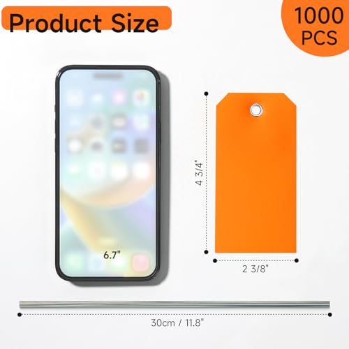 1000 Pieces Plastic Shipping Tags with Wire Labeling Tags Waterproof Hang Tags with Reinforcement Hole Writable Luggage tag Loops for Equipment Inventory Parts Garage (Orange, 4 3/4" x 2 3/8") - color: Orange