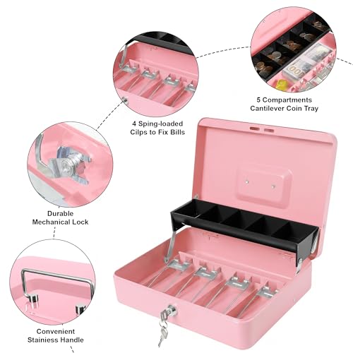Locking Cash Box with Key Lock and Money Tray, Money Box, Lock Safe Box, Cash Money Lock Safe Box for Cash Register 11.8"x9.45"x3.54" (Pink Key) - color: Pink Key