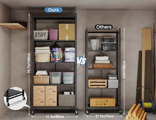 ALANNG 70.7" H Metal Storage Shelves, 5 Tier Folding Shelf on Wheels - color: Black