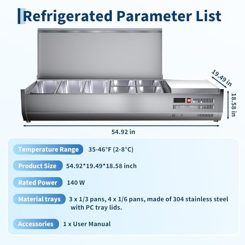 IDEALHOUSE Condiment Prep Rail Station, 140W Countertop Refrigerated Condiment Station, with 3 1/3 & 4 1/6 Pans, 304 Stainless Body and PC Lid, Sandwich Prep Table with Glass Guard, ETL Certified - size: E55TW-G