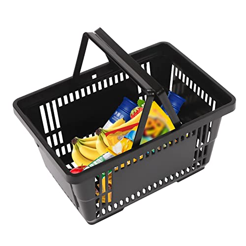 12Pcs Plastic Shopping Baskets with Handles, 21L Stackable Grocery Basket Bulk, Durable Plastic Shopping Cart, Large Portable Store Baskets for Retail Store Supermarket Supplies,17" x 12" x 9" - color: Black