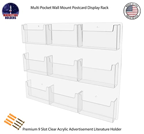 Marketing Holders Post Card Holder Acrylic 9 Pockets Holds 6" Printed Media Hanging Hardware Included Use at Travel Centers Real Estate Offices Hotels Resorts Convention Centers Eye Catching Clear - size: 20.25 x 17 inches