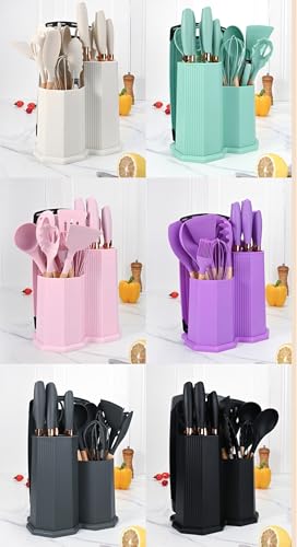 Kitchen Cooking Utensils and Knife Set with Holder Block, 19 Pieces Cooks Cutting Set 11 Pcs Silicone Cooking Utensils Sharp Stainless Steel Knives Scissors Whisk Tongs and Cutting Board (Teal) - color: Teal
