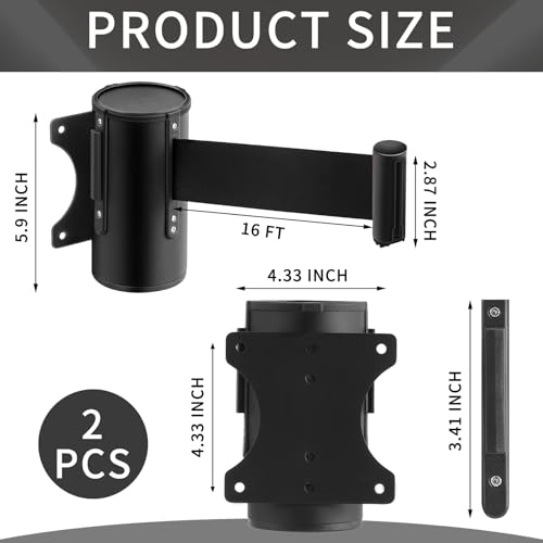 Landical 2 Pcs 16ft Wall Mount Retractable Barrier Belt Fixed Safety Belt Barrier Rope with Braking System Locking Button for Crowd Control Parking, Black - color: Black, style: Blank Style